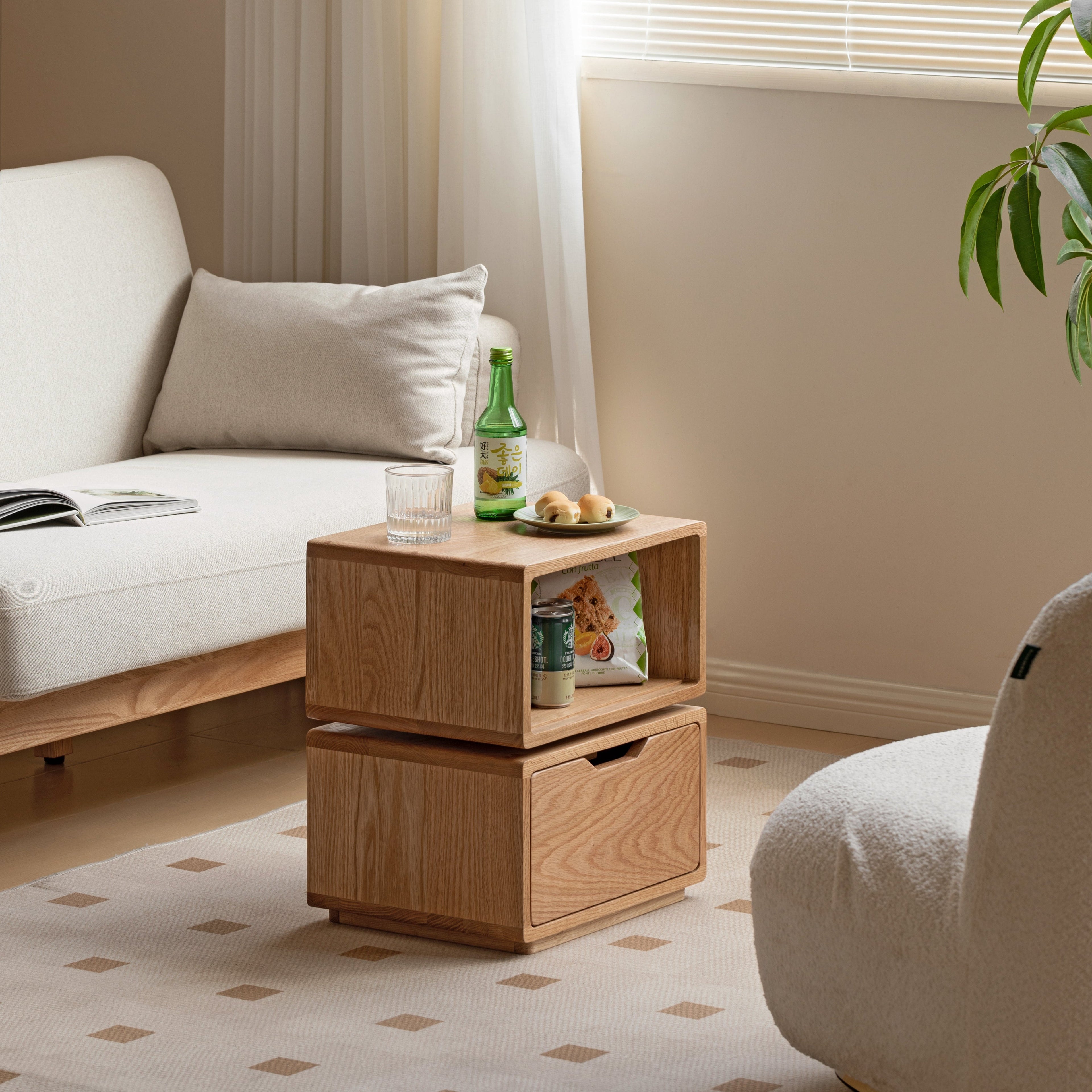 Sage FAS-Graded Solid American Oak Natural Wood Colored Swivel Side Table with Drawer