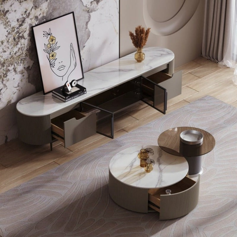 Keesley Ceramic Glossy white Top Entertainment Unit/TV Stand/Black Steel Legs