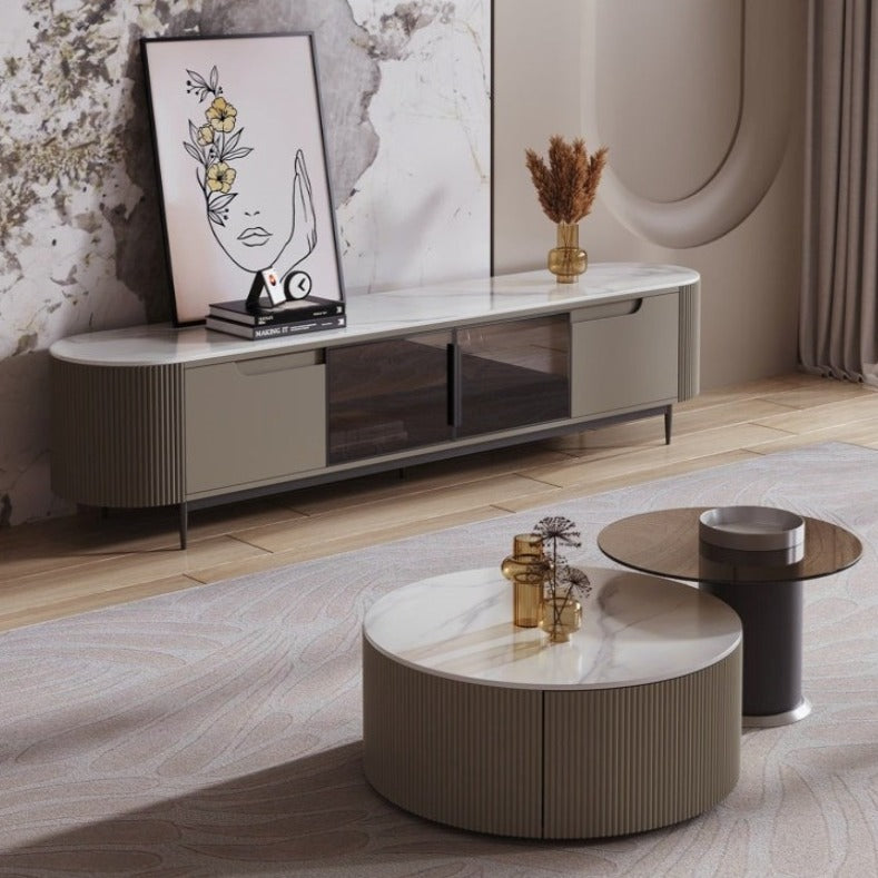 Keesley Ceramic Glossy white Top Entertainment Unit/TV Stand/Black Steel Legs