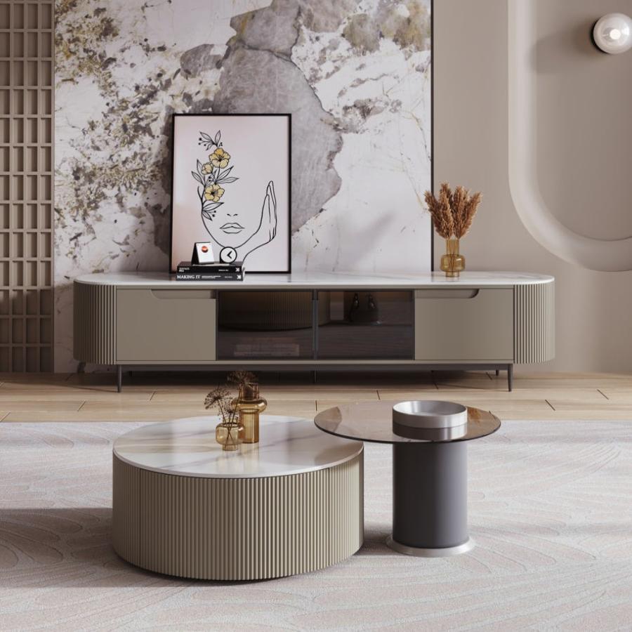 Keesley Ceramic Glossy white Top Entertainment Unit/TV Stand/Black Steel Legs