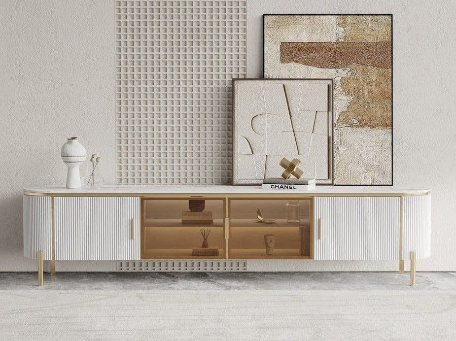 TV Stand White Ceramic Top Golden Legs/Modern/TV Unit/Steel Legs