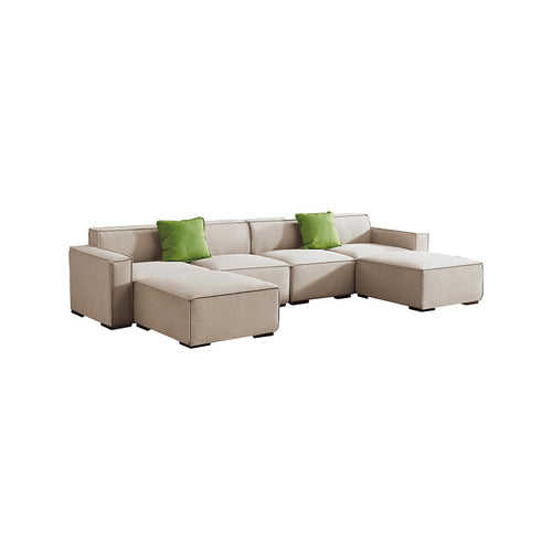 Apricot Linen Fabric Wooden Legs Sofa with Chaise and Ottoman