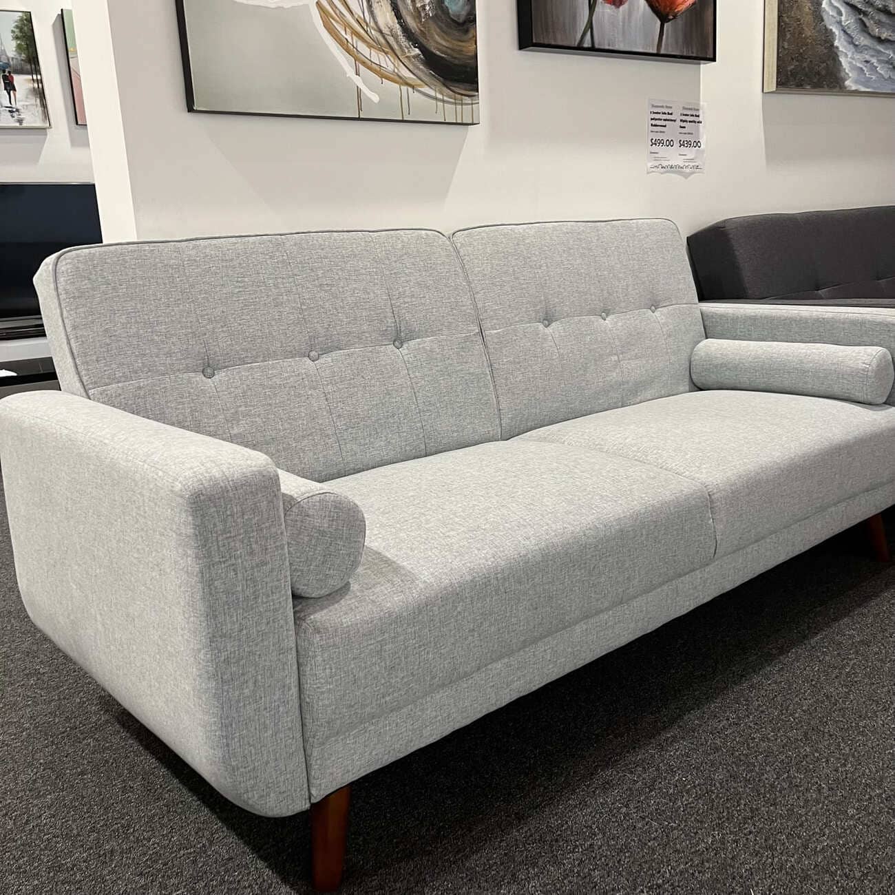 EVELYN Three Seater Sofa Bed/Polyester upholstery/Rubberwood legs/Grey
