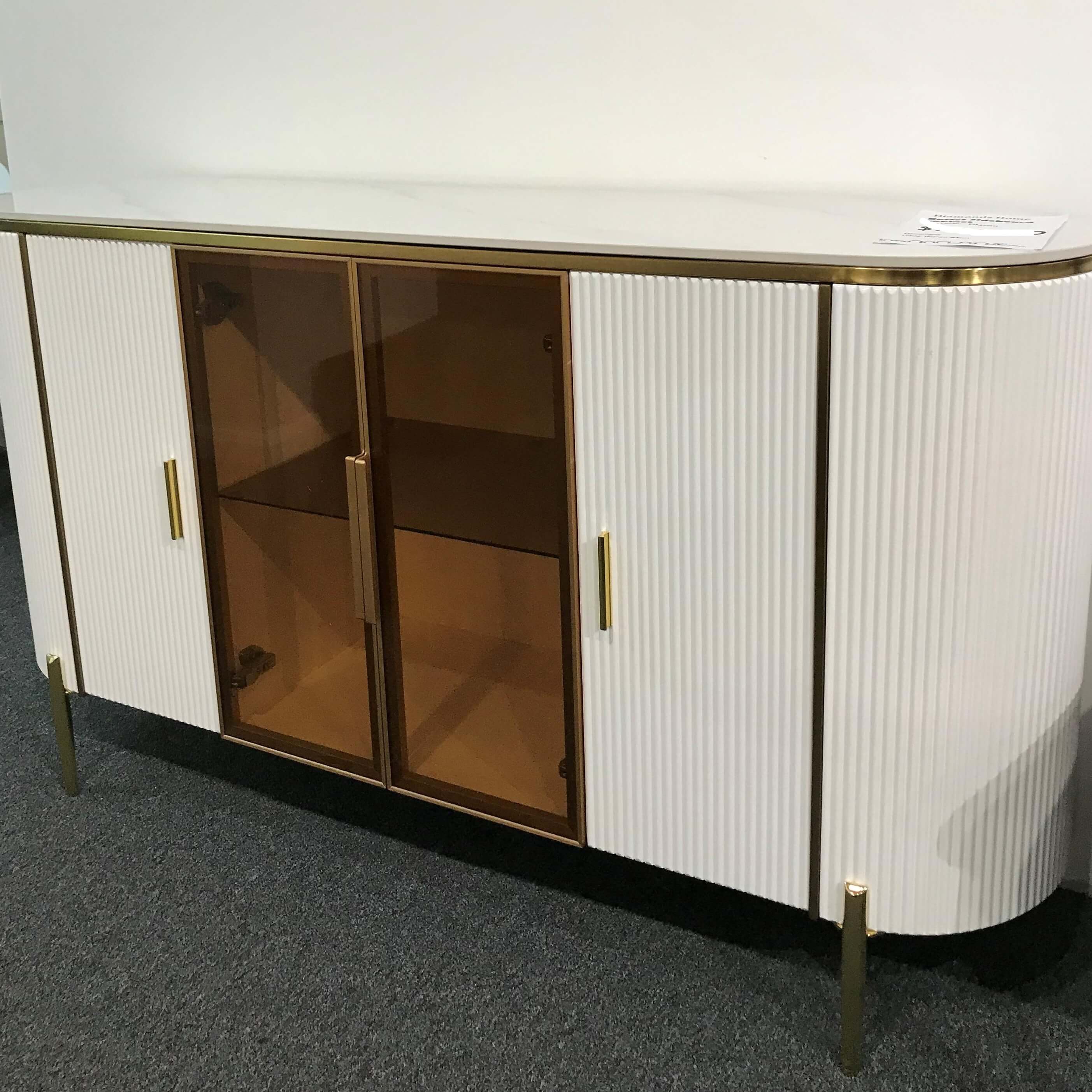 Dracone Buffet Sideboard Cabinet/White Ceramic Top/Gold Steel Legs