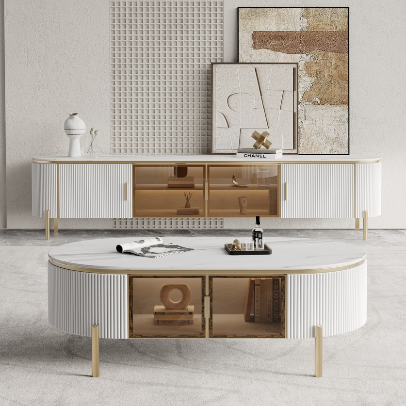 TV Stand White Ceramic Top Golden Legs/Modern/TV Unit/Steel Legs