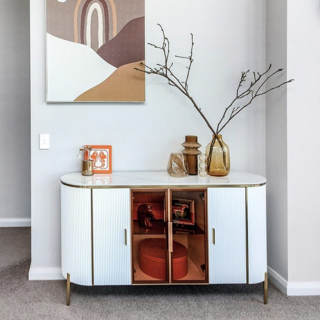 Dracone Buffet Sideboard Cabinet/White Ceramic Top/Gold Steel Legs