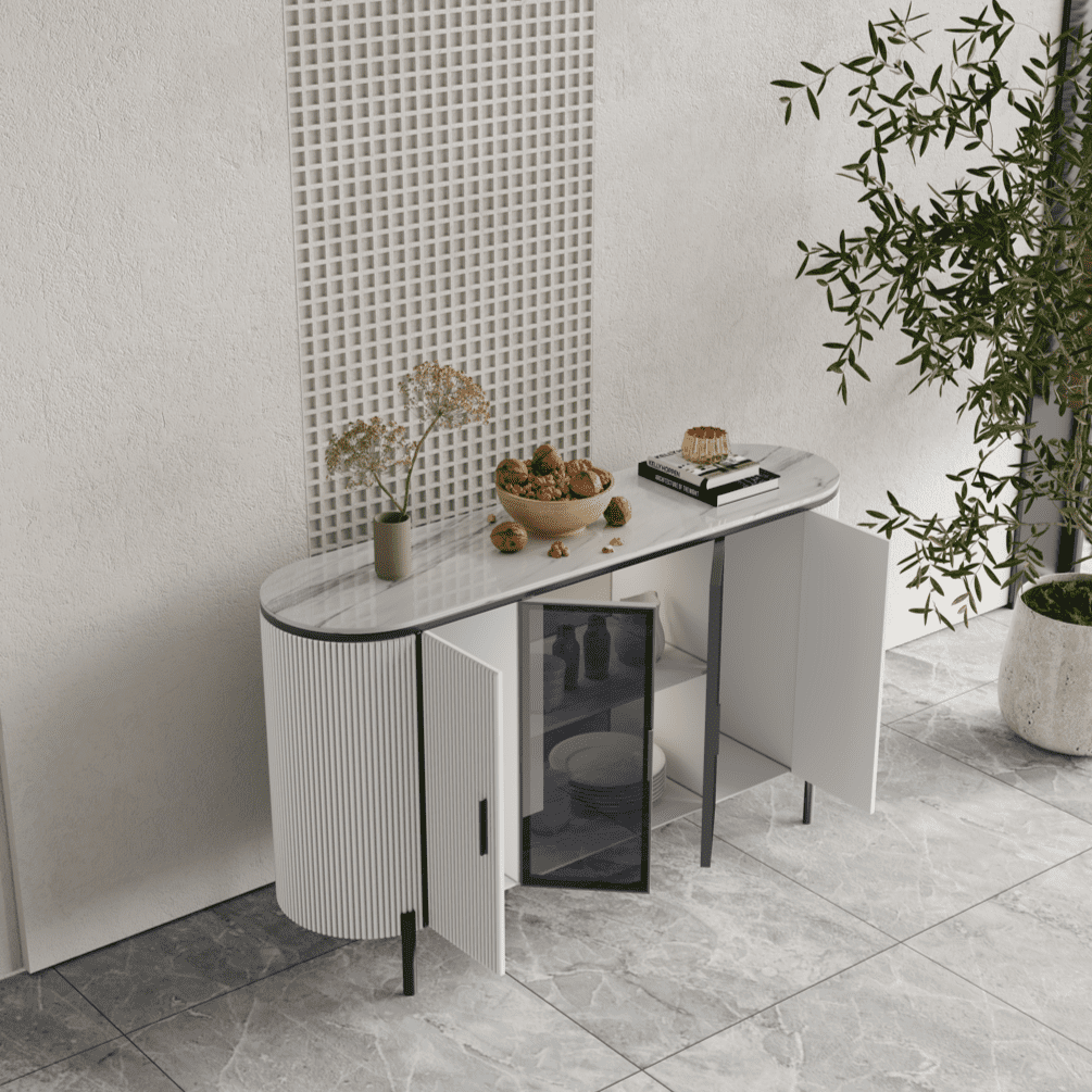 Dracone Buffet Sideboard Cabinet/White Ceramic Top/Black Steel Legs