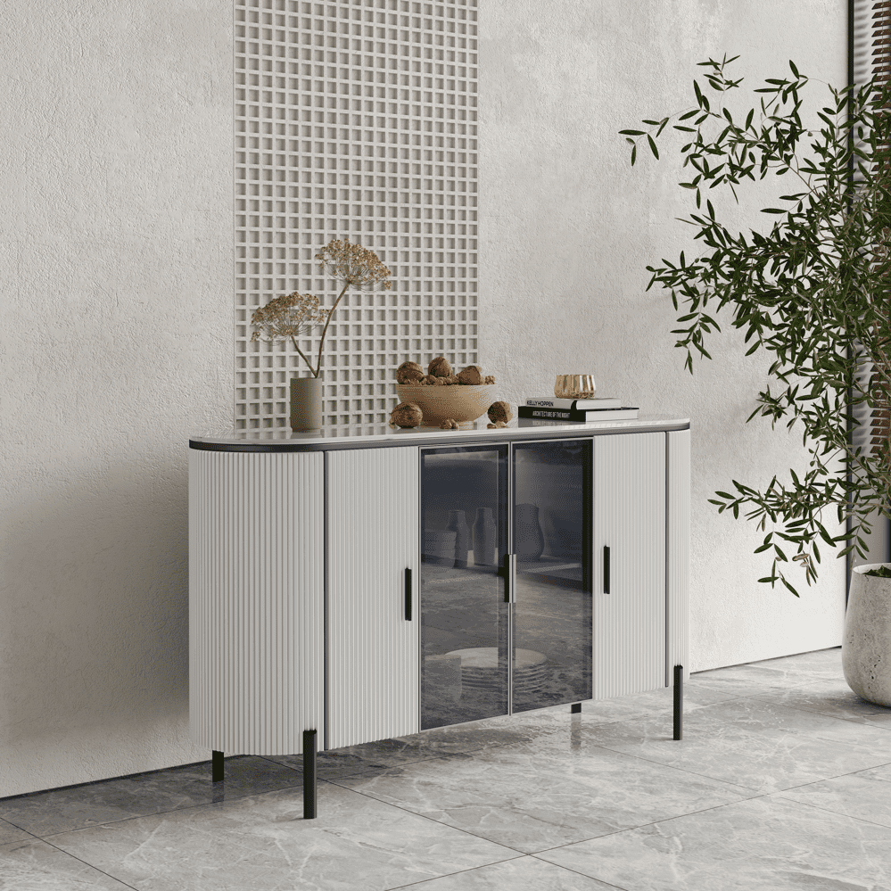 Dracone Buffet Sideboard Cabinet/White Ceramic Top/Black Steel Legs