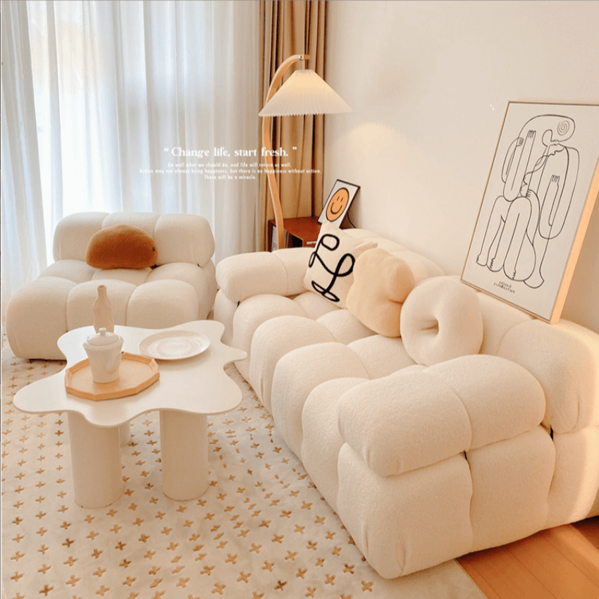 Modular White Boucle Fabric Upholstery Sofa /Designer/Contemporary/Three Seater