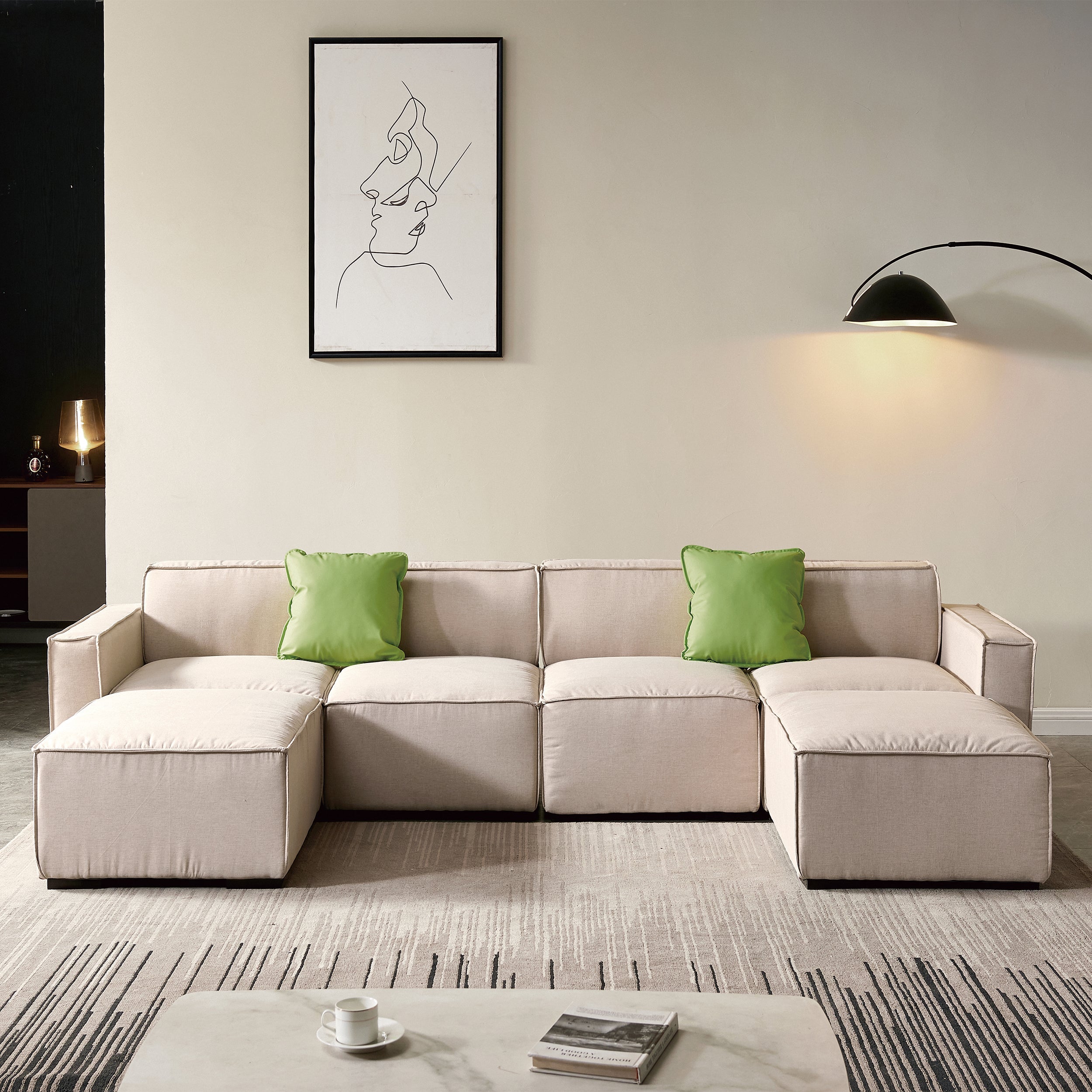 Apricot Linen Fabric Wooden Legs Sofa with Chaise and Ottoman