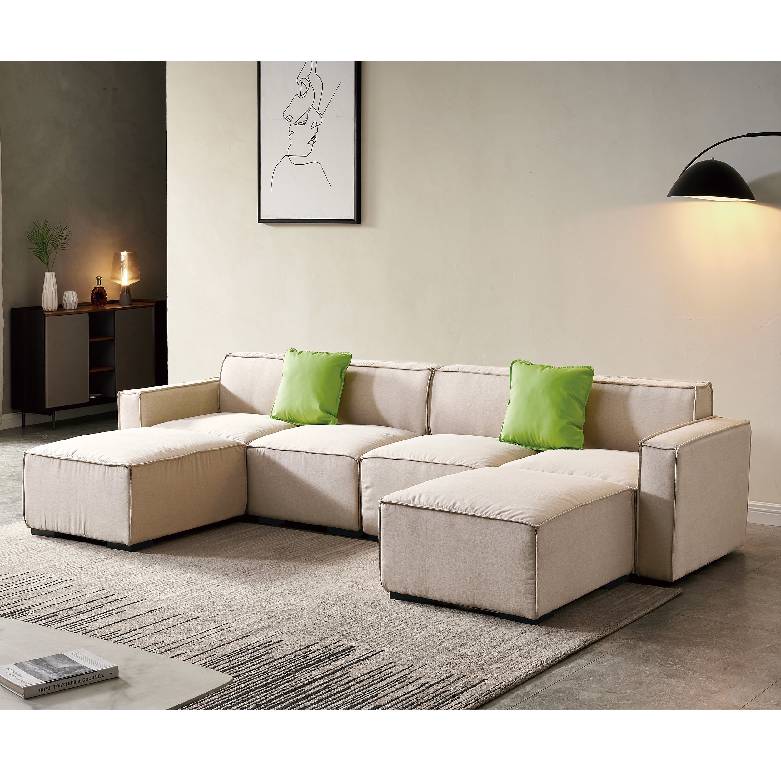 Apricot Linen Fabric Wooden Legs Sofa with Chaise and Ottoman