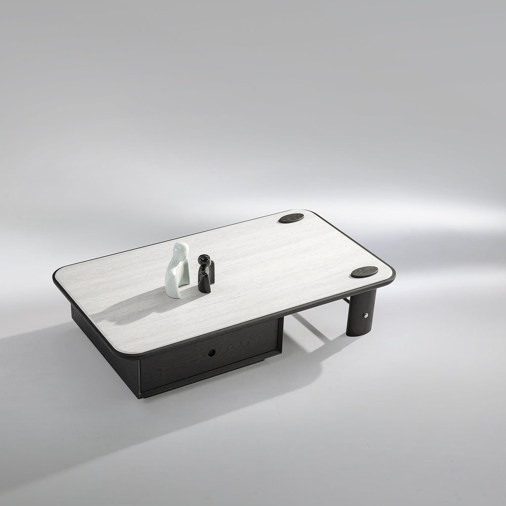 Stone Top Coffee Table with Red Oak Veneered and Drawer /Tea Table