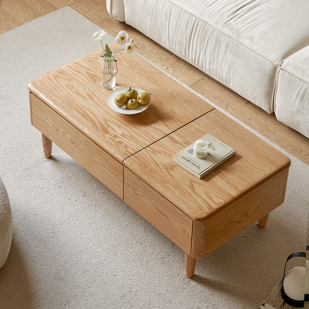Mainn FAS-Graded Solid American Oak Lift-Top Coffee Table with Drawers