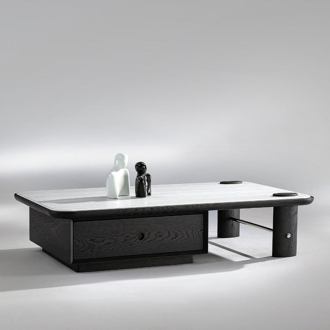 Stone Top Coffee Table with Red Oak Veneered and Drawer /Tea Table