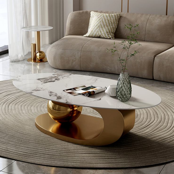 Serinee Oval Ceramic Coffee Table/ Golden Colored Legs/Steel Frame