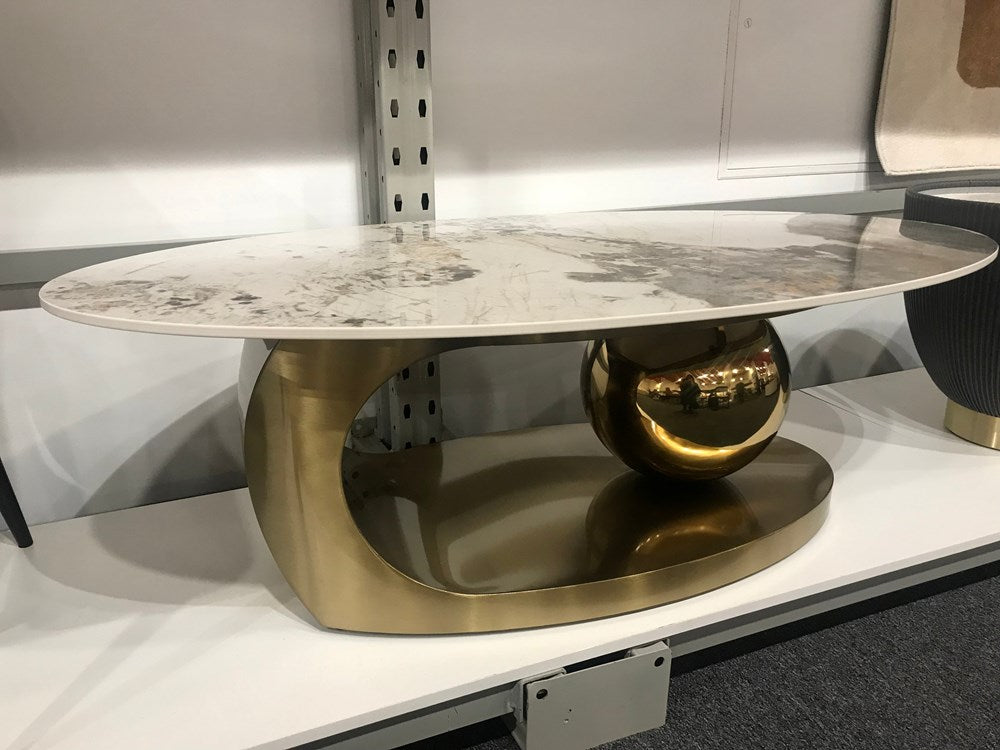 Serinee Oval Ceramic Coffee Table/ Golden Colored Legs/Steel Frame