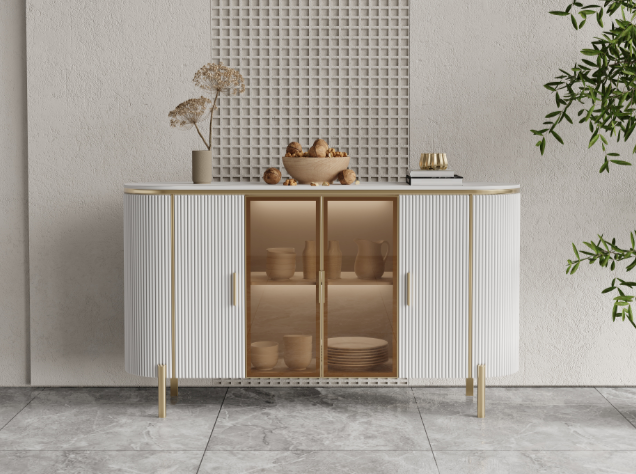 Dracone Buffet Sideboard Cabinet/White Ceramic Top/Gold Steel Legs