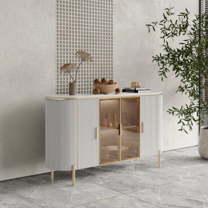 Dracone Buffet Sideboard Cabinet/White Ceramic Top/Gold Steel Legs
