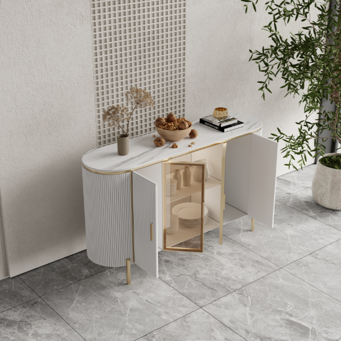 Dracone Buffet Sideboard Cabinet/White Ceramic Top/Gold Steel Legs