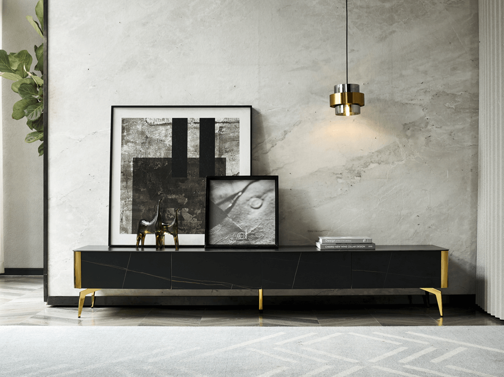 Earl Black Modern Minimalistic TV Stand/ Entertainment TV Unit Ceramic Top