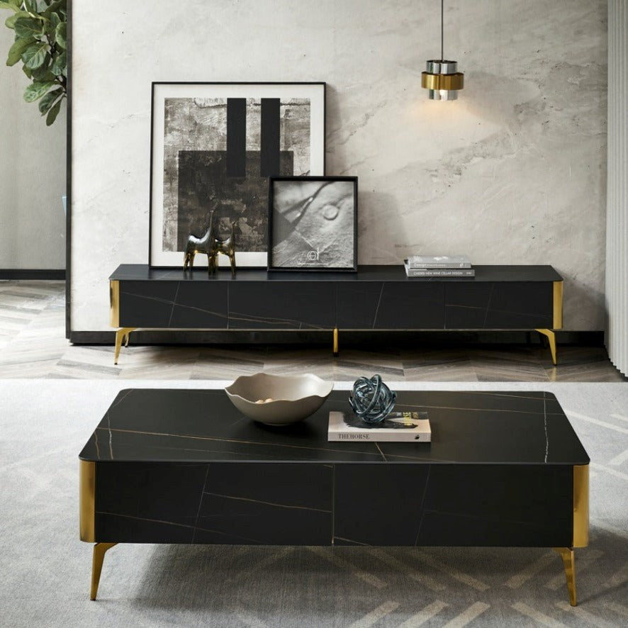 Earl Black Modern Minimalistic TV Stand/ Entertainment TV Unit Ceramic Top