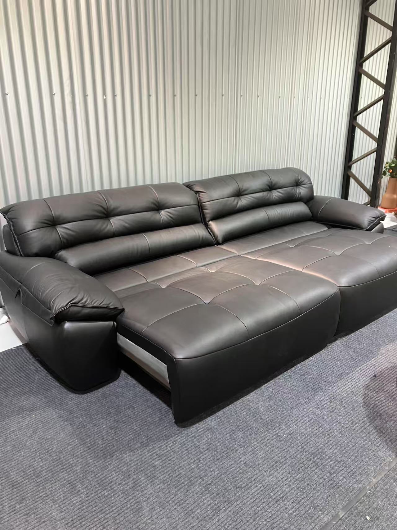 Black Leather Power Retractable Sofa Bed/Dual Electric Extended Sleeper Couch