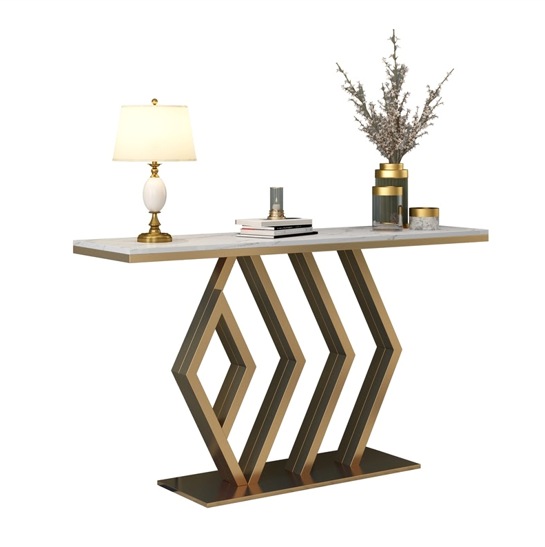 Elton White and Gold Ceramic Console table/Ceramic top/Goldern Carbon Frame Legs