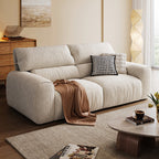Milky White Corduroy Upholstered Sofa with Goose Feather and Cotton Filling/Oak Wood Legs 220cm/280cm