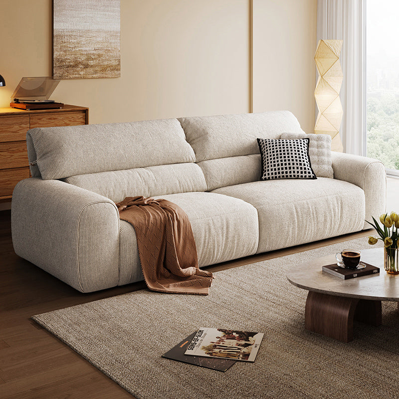 Milky White Corduroy Upholstered Sofa with Goose Feather and Cotton Filling/Oak Wood Legs 220cm/280cm