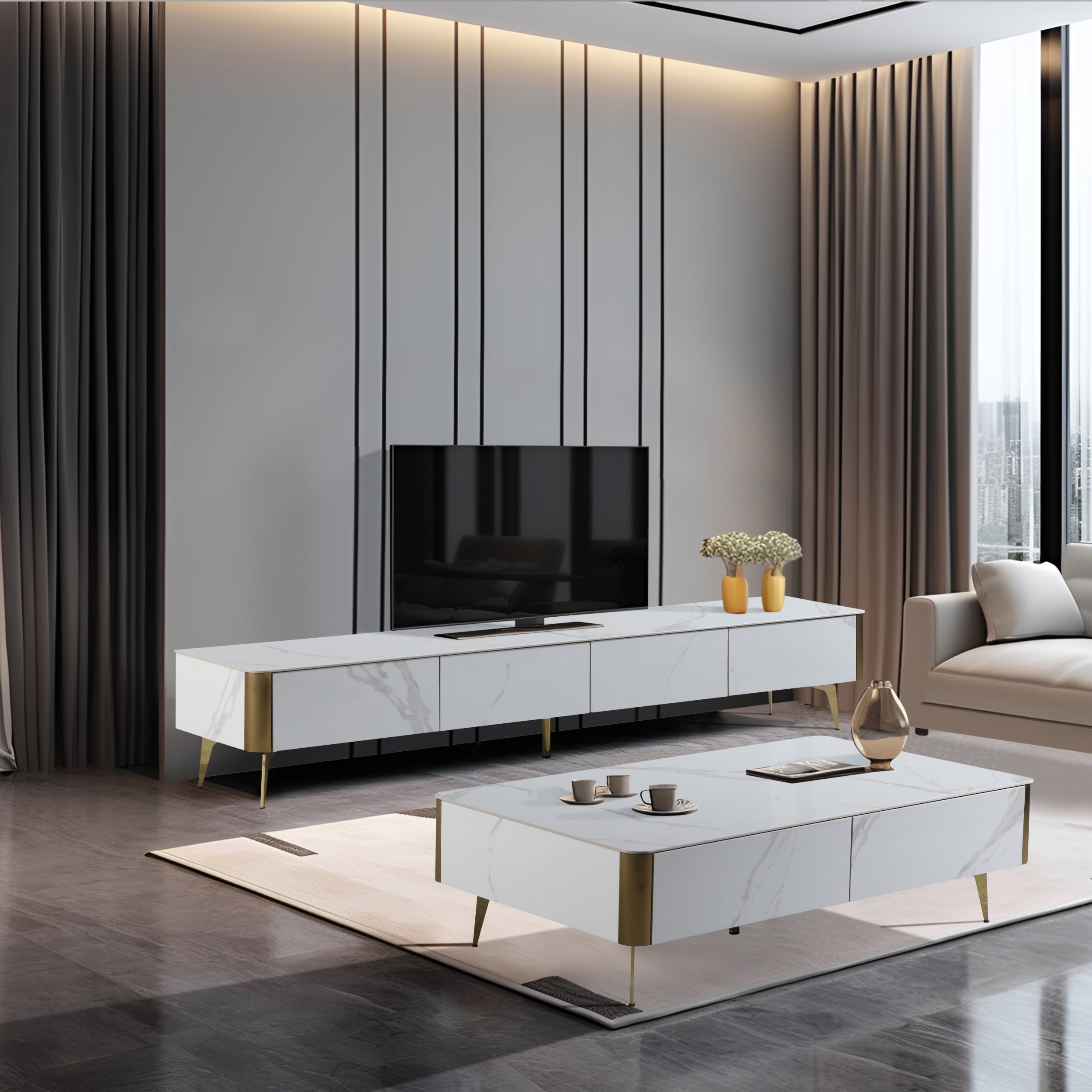 EAVAN Modern Minimalistic Entertainment TV Unit Ceramic Top White