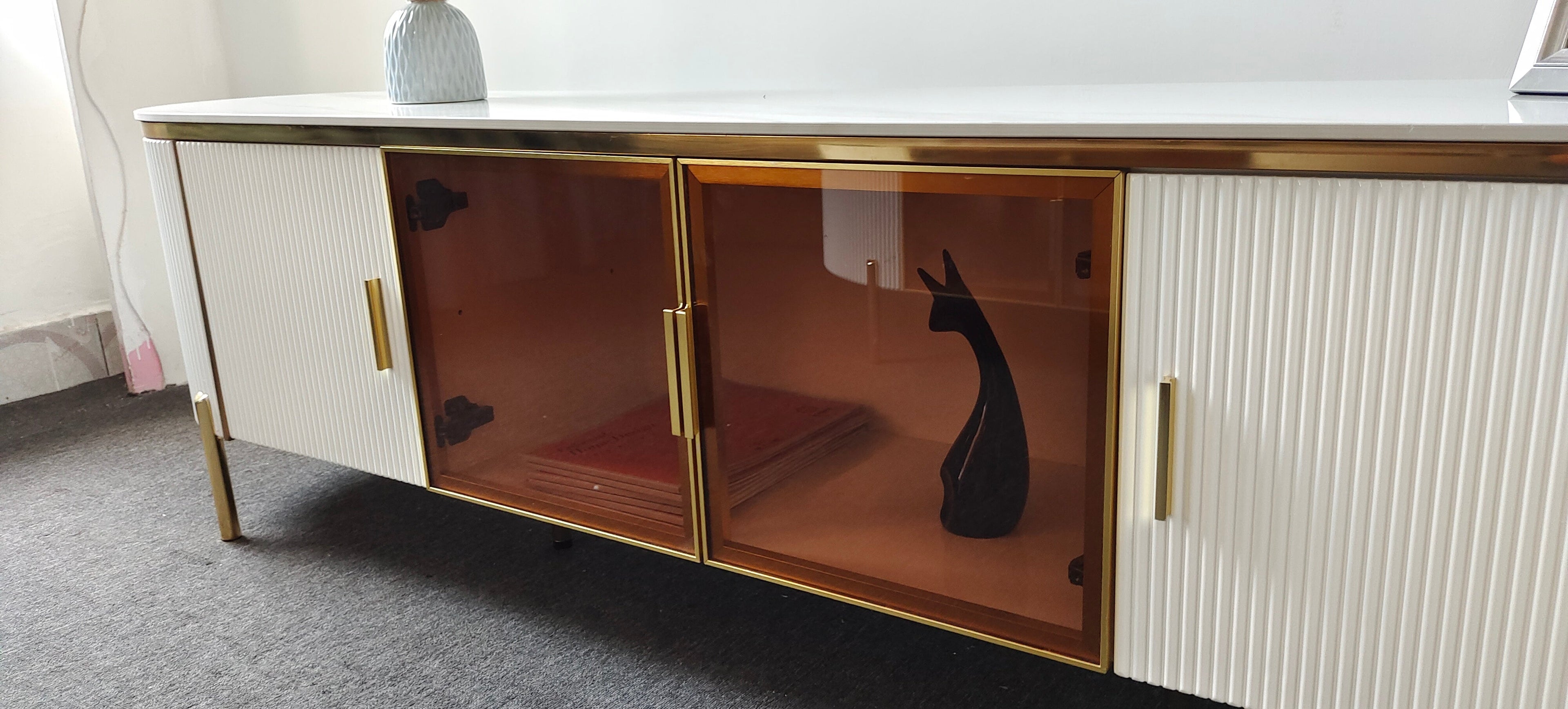 TV Stand White Ceramic Top Golden Legs/Modern/TV Unit/Steel Legs