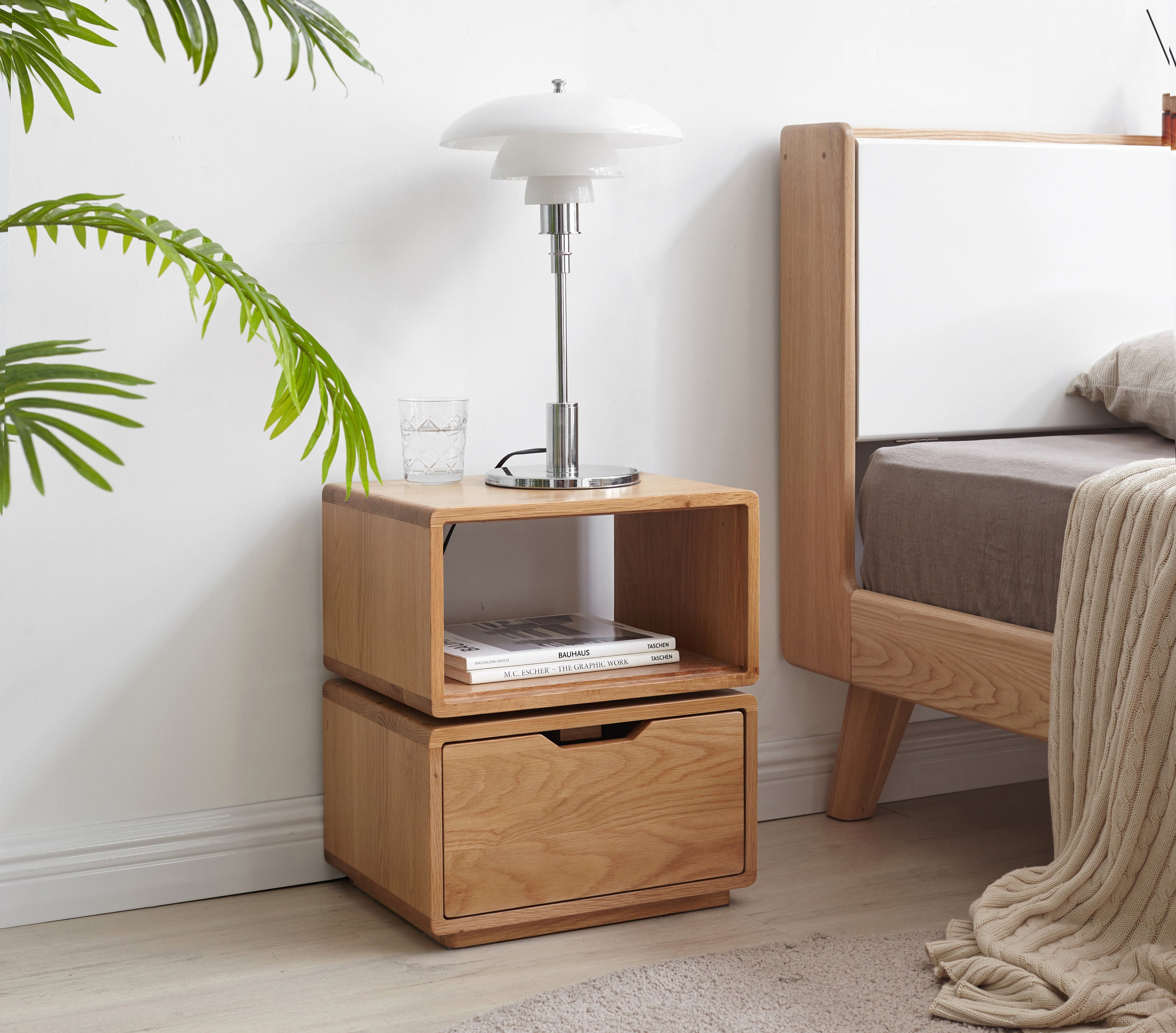 Sage FAS-Graded Solid American Oak Natural Wood Colored Swivel Side Table with Drawer