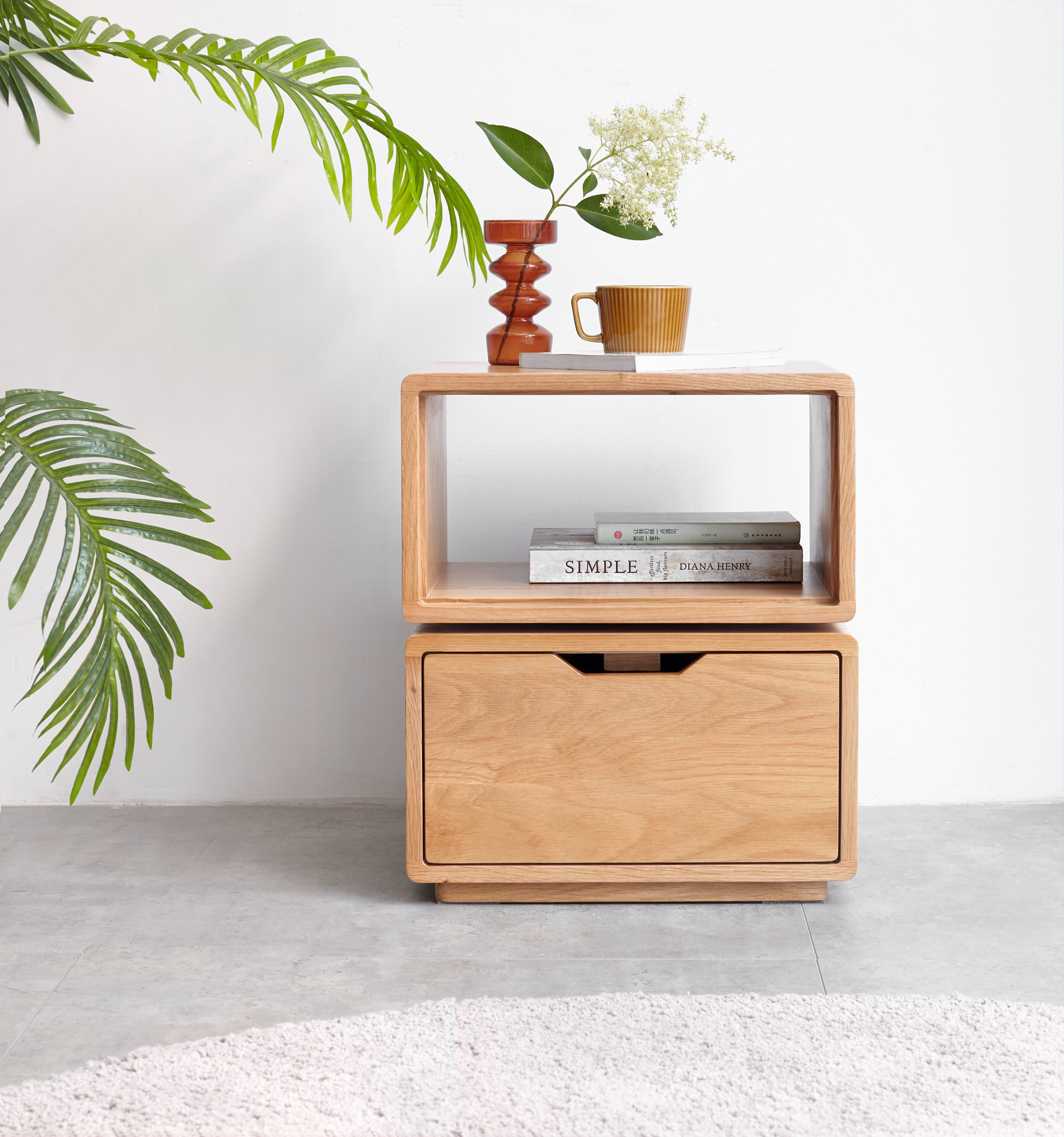 Sage FAS-Graded Solid American Oak Natural Wood Colored Swivel Side Table with Drawer