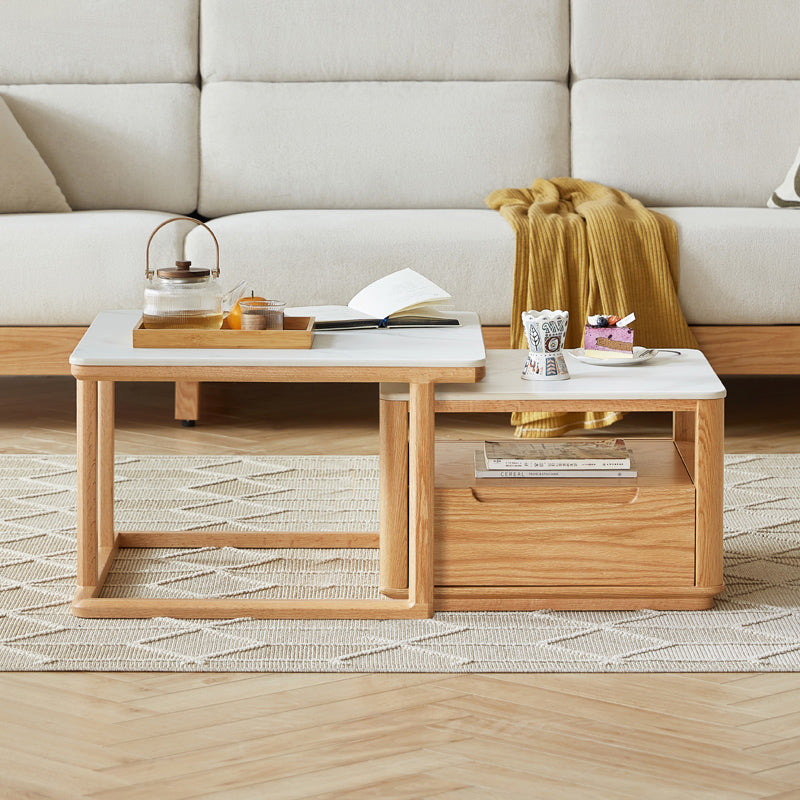 Alana FAS-Graded Solid Oak Wood Coffee Table/Side Table Set With Ceramic Tabletop