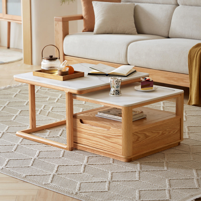 Alana FAS-Graded Solid Oak Wood Coffee Table/Side Table Set With Ceramic Tabletop