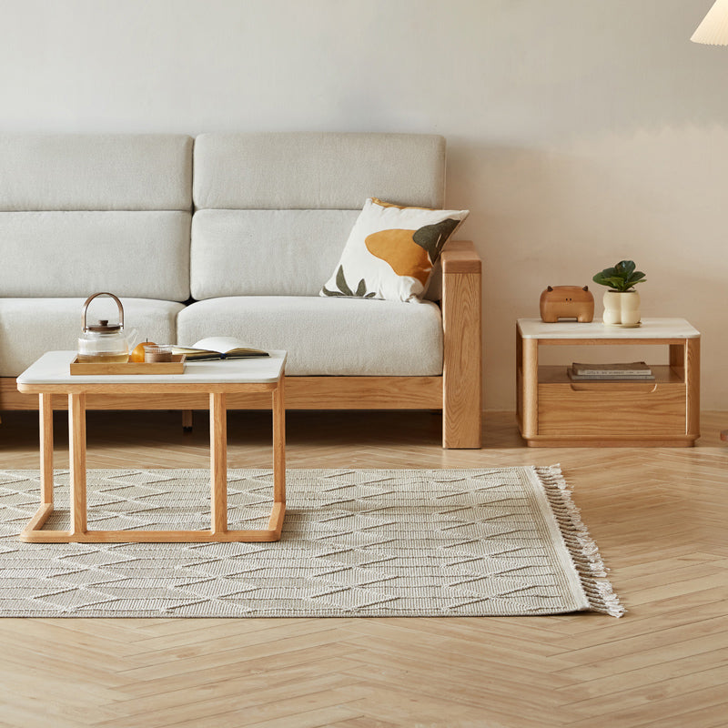 Alana FAS-Graded Solid Oak Wood Coffee Table/Side Table Set With Ceramic Tabletop