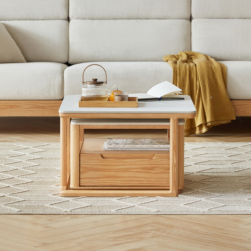 Alana FAS-Graded Solid Oak Wood Coffee Table/Side Table Set With Ceramic Tabletop
