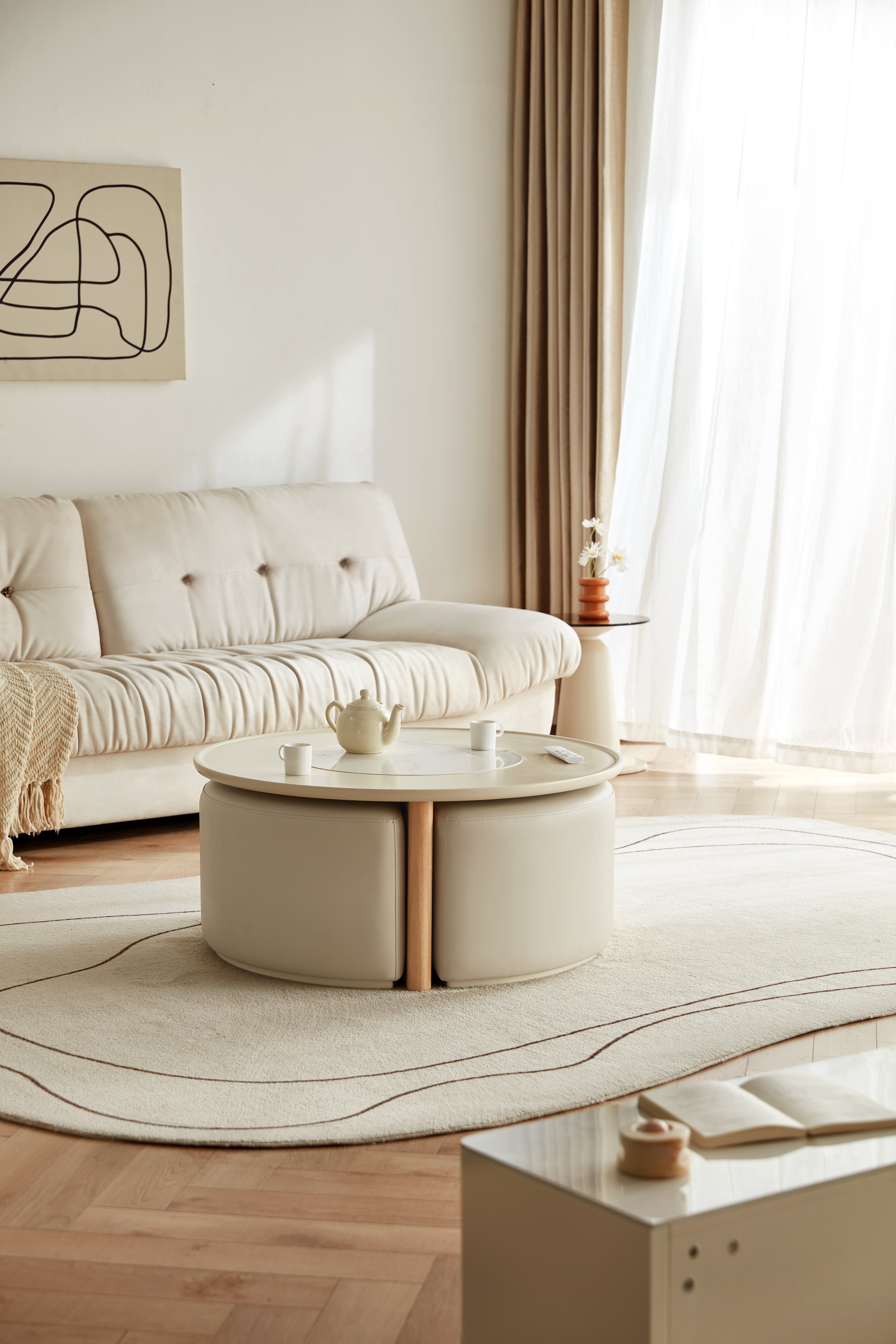 Eryka Ceramic Top Coffee Table With 3 Stools/Wood Base/Tea Table with Seats