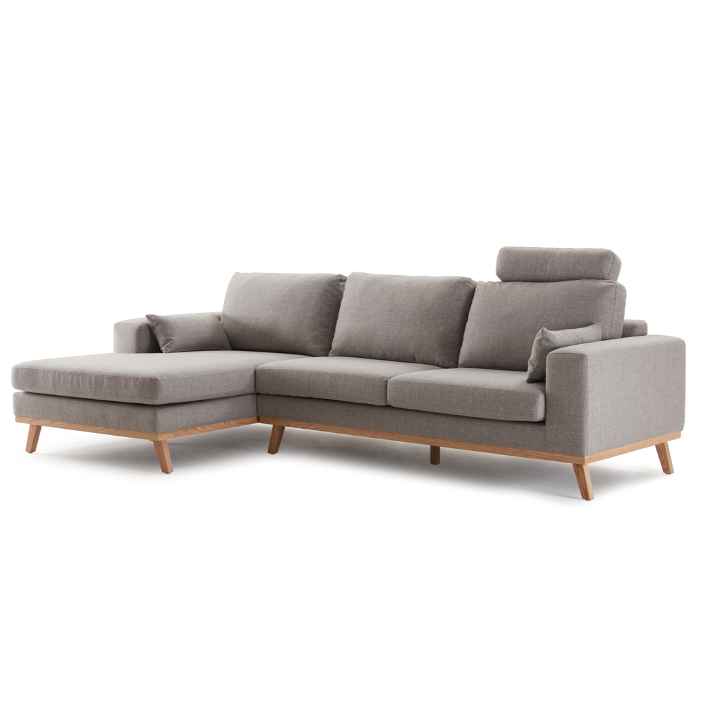 Hofni L Shape Three Seater Sofa/Linen Upholstery/Plywood Frame/Wood Legs/280cm