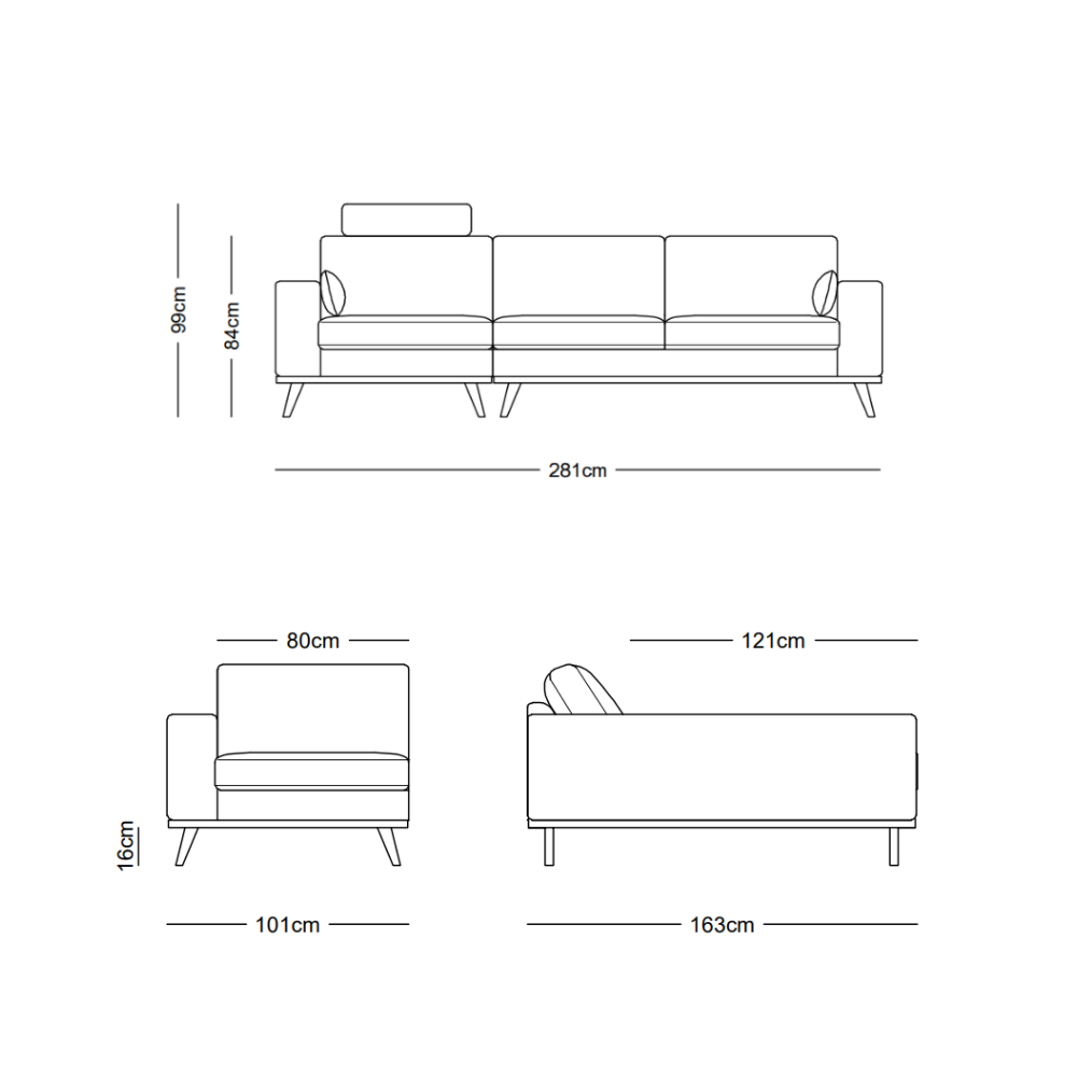 Hofni L Shape Three Seater Sofa/Linen Upholstery/Plywood Frame/Wood Legs/280cm