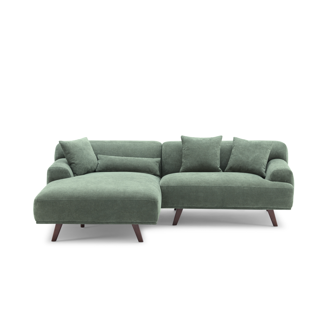 Green Fabric Upholstery L-Shape Three Seater Sofa/Plywood Frame/Wood Legs/Chaise