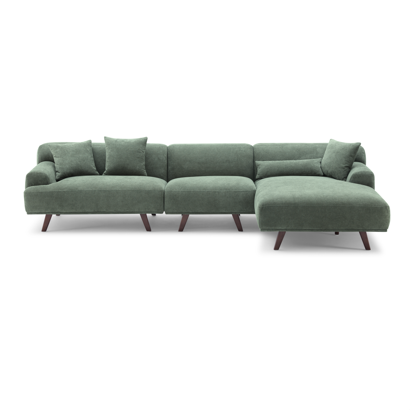 Green Fabric Upholstery L-Shape Four Seater Sofa/Plywood Frame/Wood Legs/Chaise