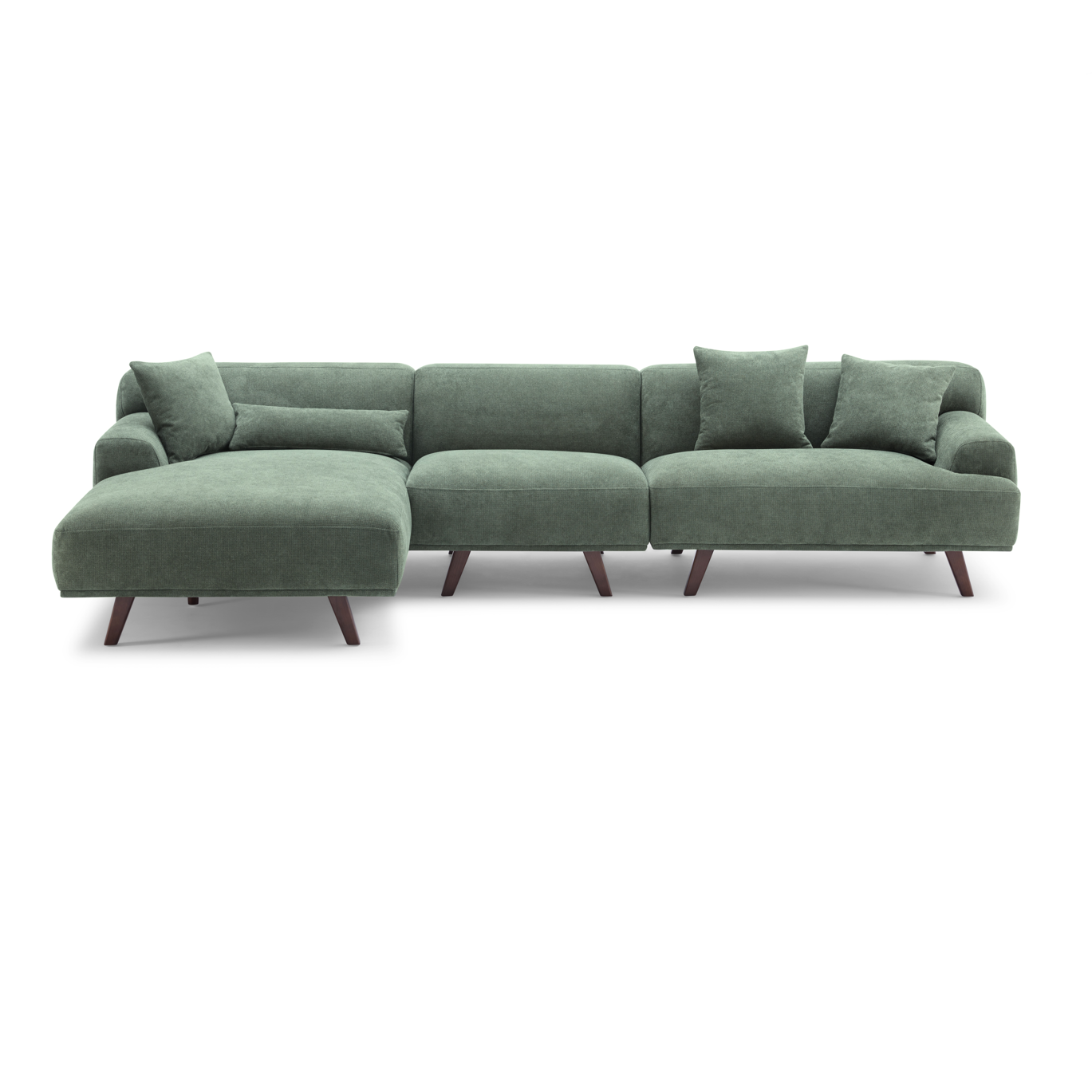 Green Fabric Upholstery L-Shape Four Seater Sofa/Plywood Frame/Wood Legs/Chaise