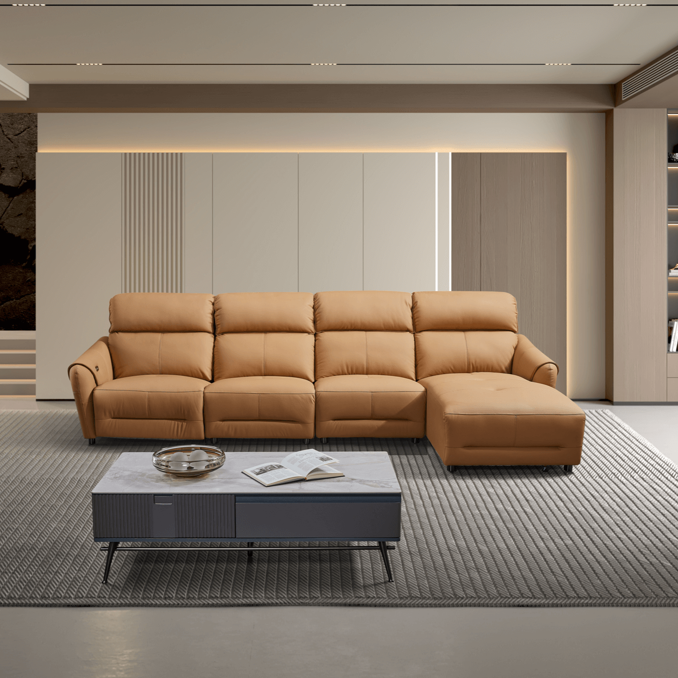 Manny Genuine Leather Four Seater L-Shape Sofa/Electric Lift Recliner/Chaise