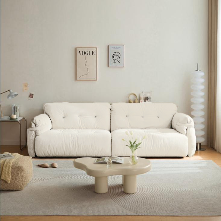 Drinel White Velvety Fabric Upholstered Down and Plush Cotton Stuffed Sofa