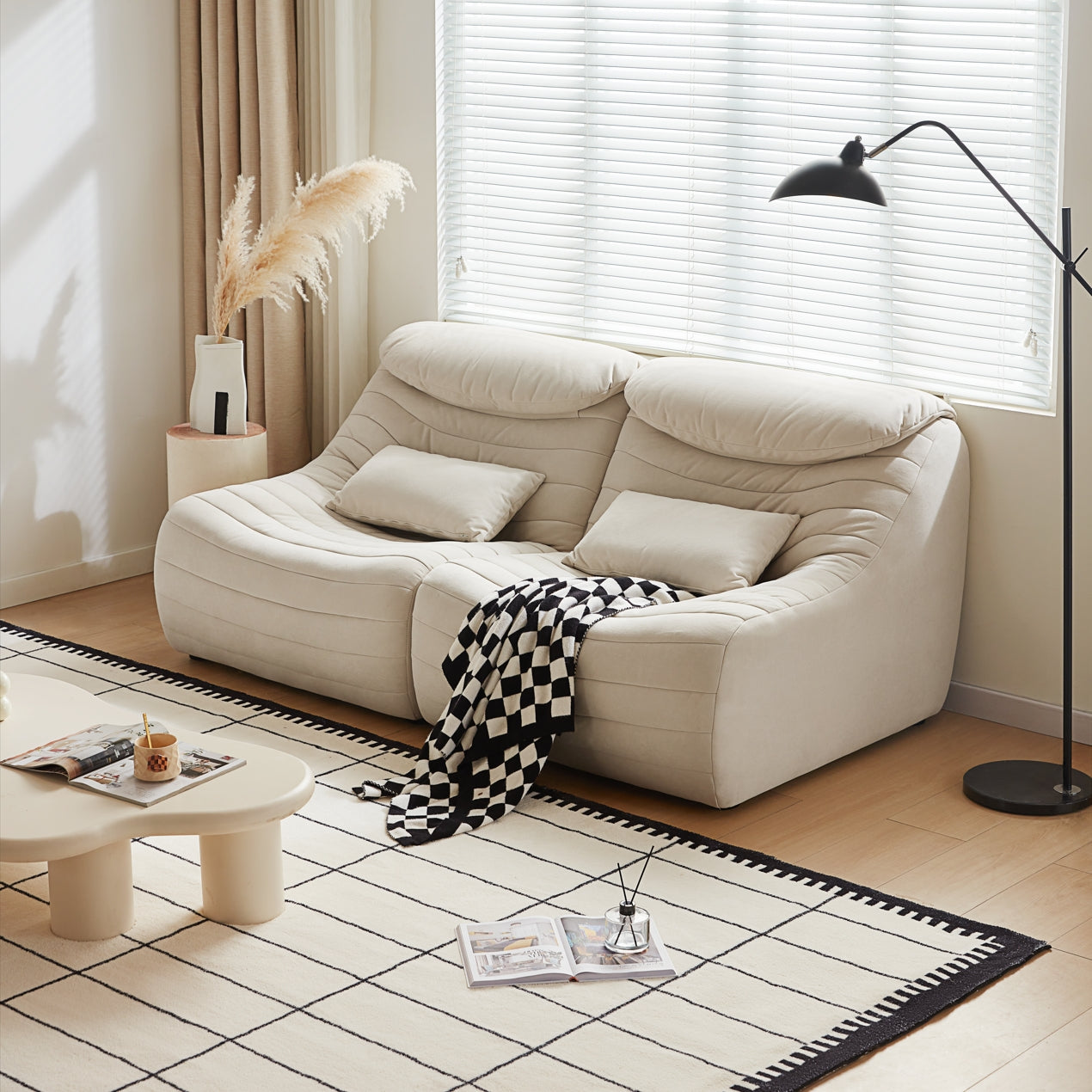 Inniss Cream White Single Seat Sofa Tech velvet Upholstered with Headrest/Floor Sofa