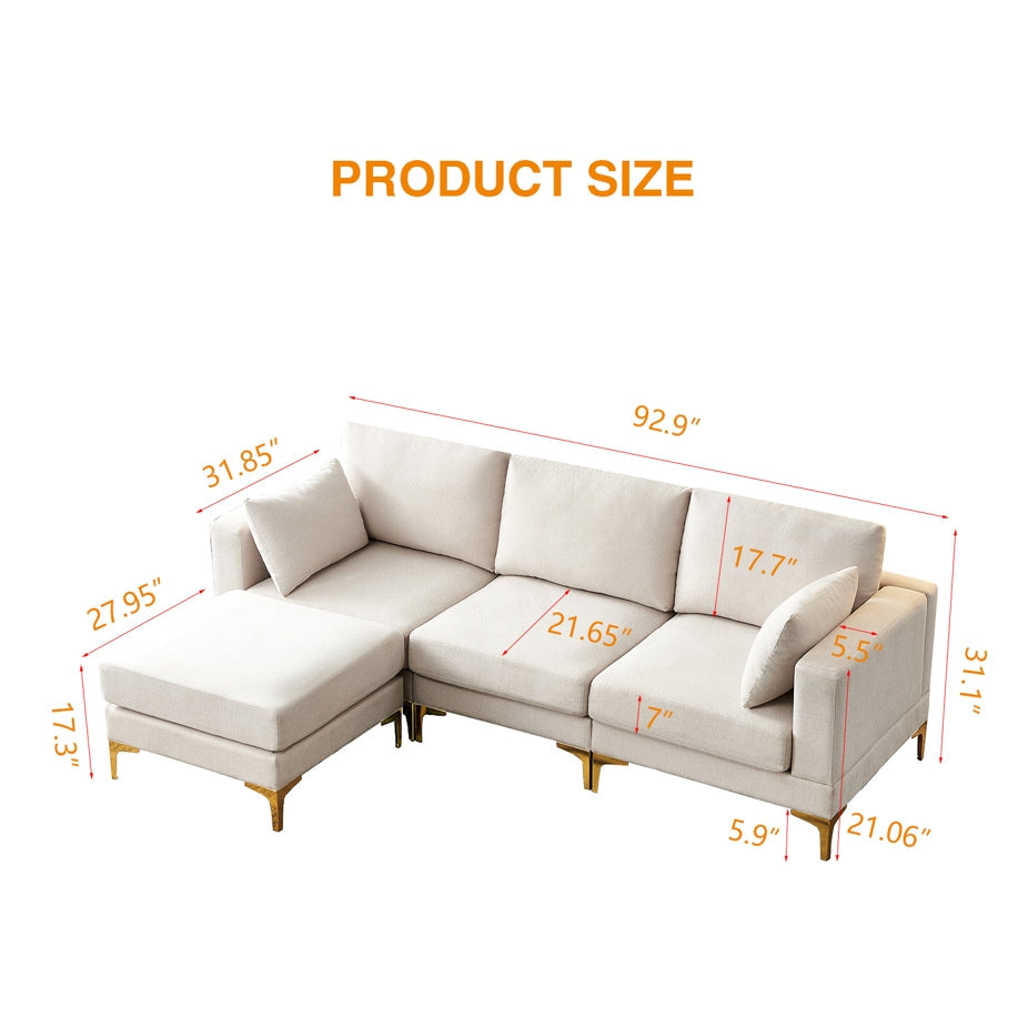 Fabric Upholstered Metal Legs Sofa with Ottoman in Beige color