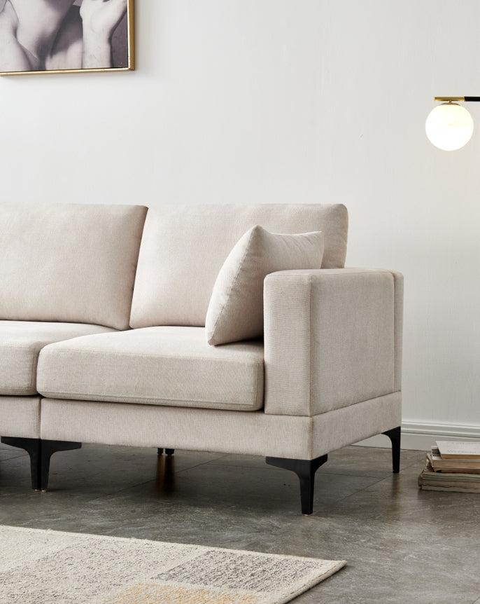 Fabric Upholstered Metal Legs Sofa with Ottoman in Beige color