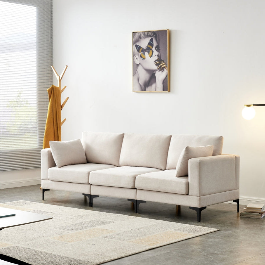 Fabric Upholstered Metal Legs Sofa with Ottoman in Beige color