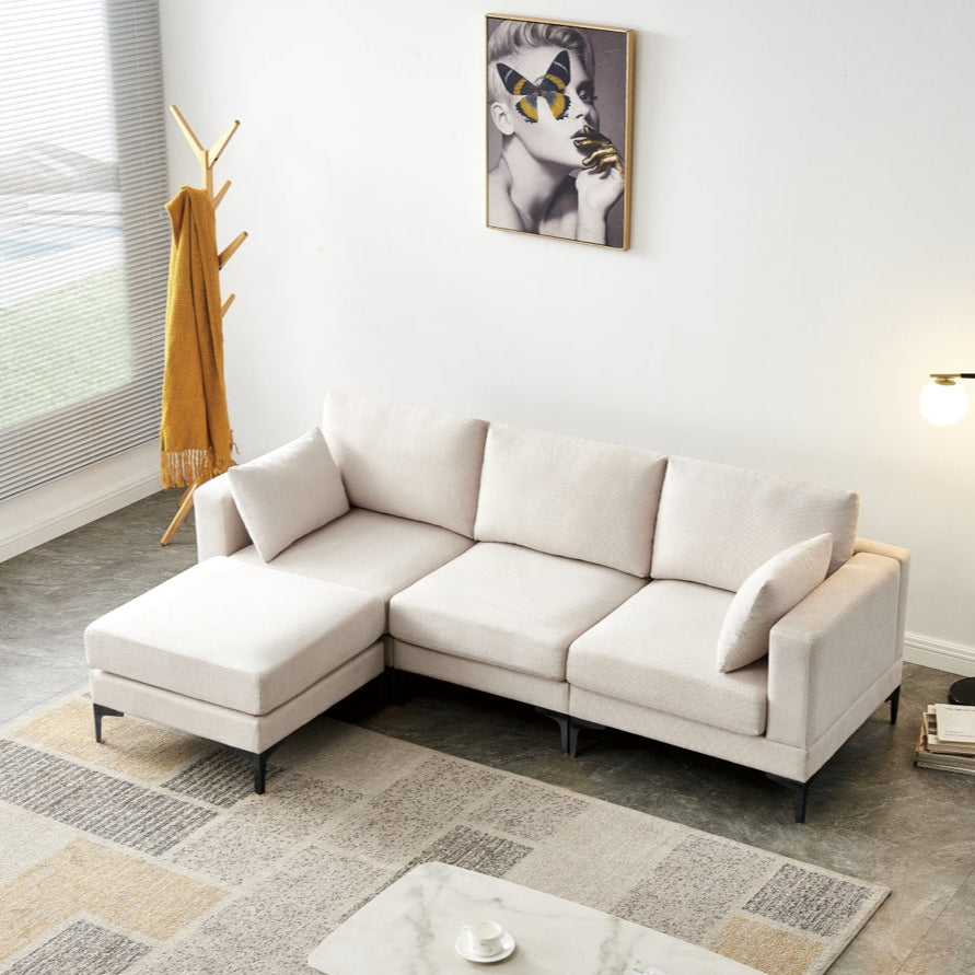 Fabric Upholstered Metal Legs Sofa with Ottoman in Beige color